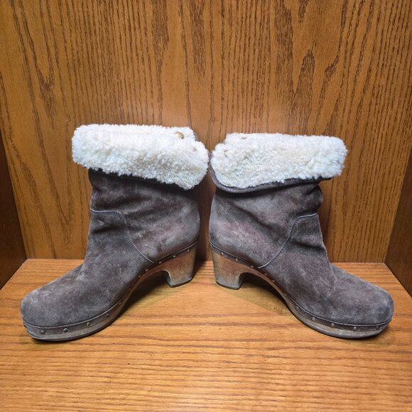 UGG Australia Lynnea Boots Womens Brown Suede Shearling Ankle Wood Clog Size 7 - Picture 4 of 10